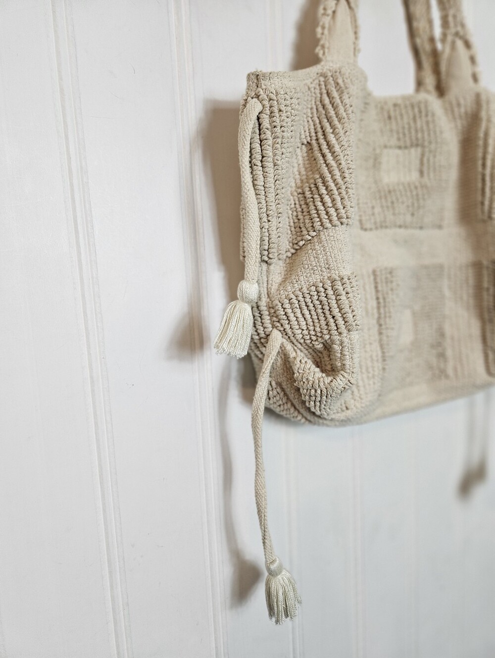 Lovestitch Tote OS Chunky Crochet Bubble Knit Tassel Beach Boho Cream Bag - Picture 7 of 15